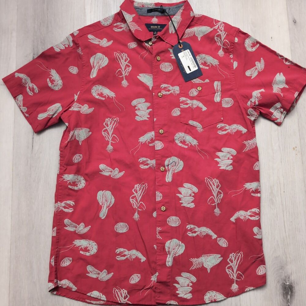NWT Roark Shirt Mens Medium Red Classic Fit Lobster Fish Print Casual